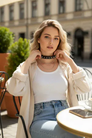 Black faux leather choker necklace with metal studs and a central O-ring