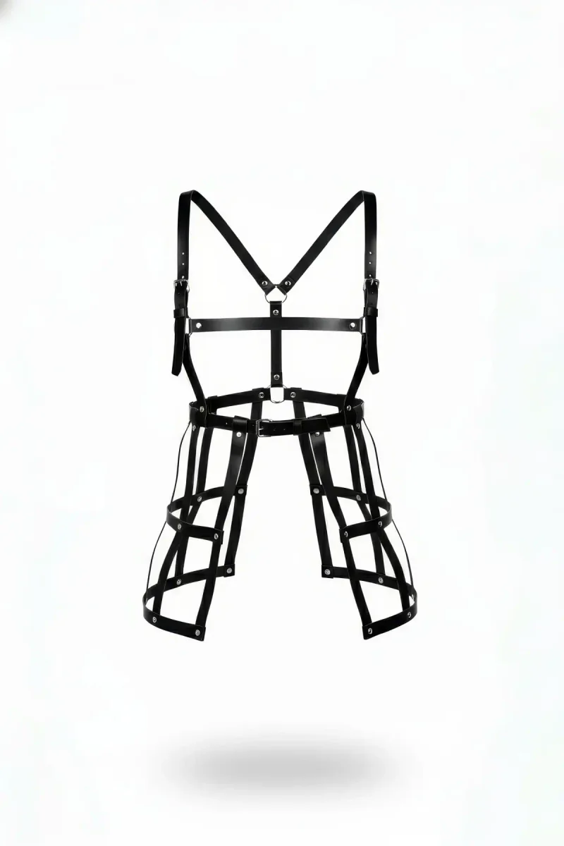 Black faux leather full body cage harness with adjustable thigh straps