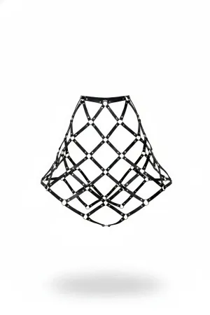 Black Faux Leather Diamond Lattice Cage Skirt Harness with Silver Studs
