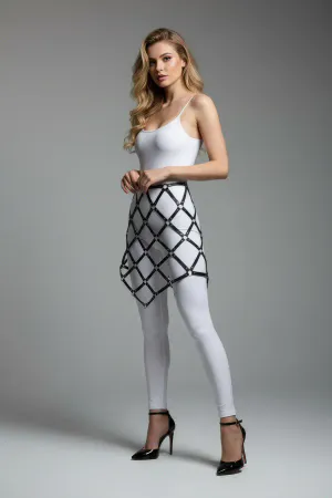 Black faux leather diamond grid cage skirt harness worn by model