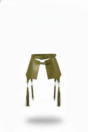 Olive green paneled faux leather waist harness with detachable tassel garters