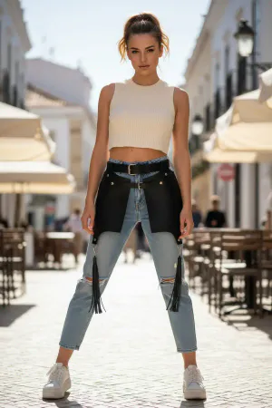 Black Faux Leather Waspie Overlay Belt Tassels Structured Panels