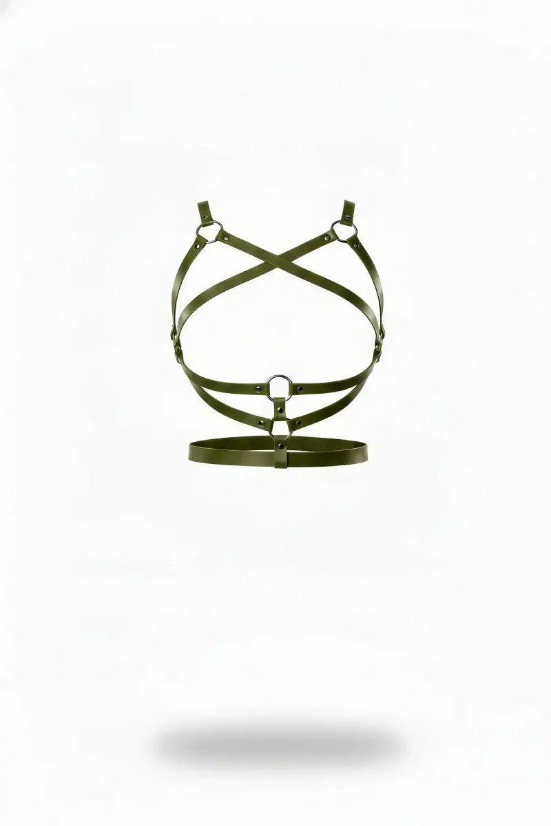 Olive Green Faux Leather Cross-Strap Chest Harness with O-Rings