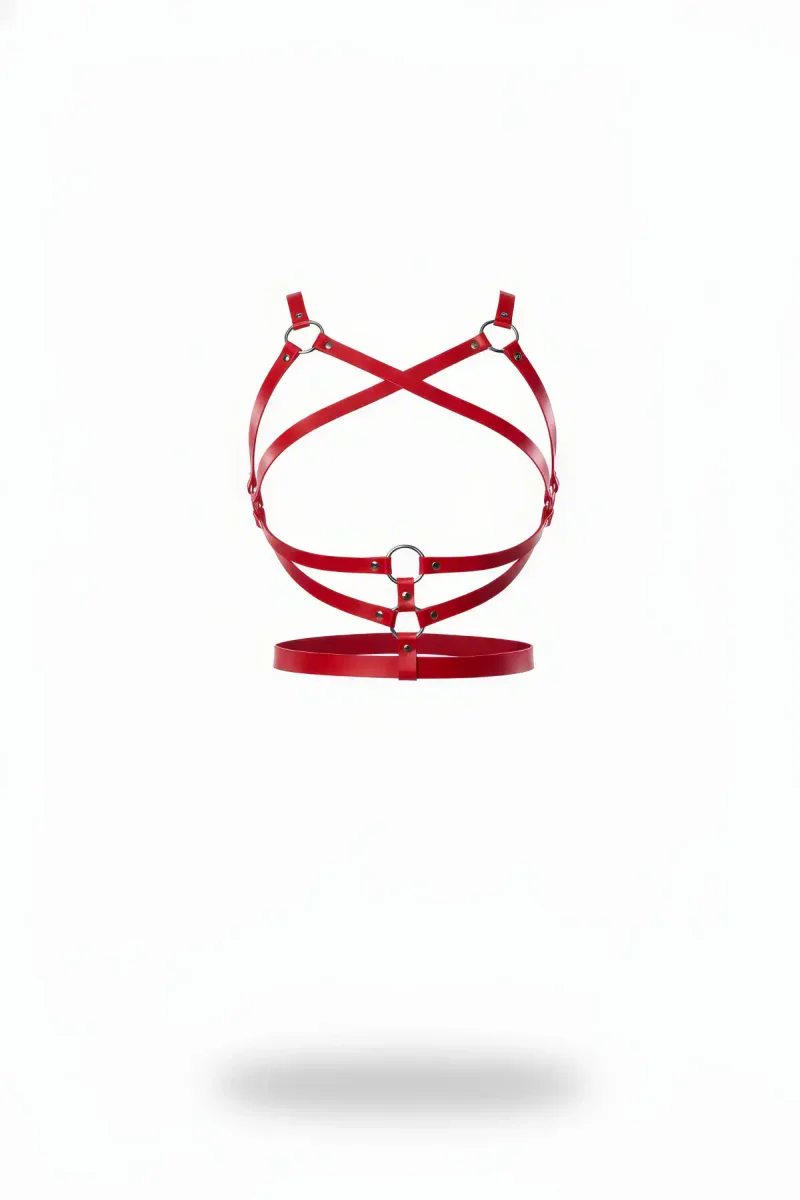 Red Faux Leather Criss-Cross Chest Harness with O-Rings