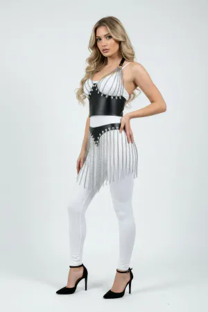 Siyah Zincir Saçaklı Deri Görünümlü Korse Etek Harness Kadın Kombini