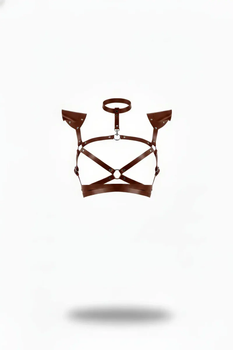 Dark Brown Faux Leather Chest Harness with Shoulder Wing Details and Choker