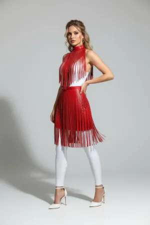 Red Faux Leather Fringe Overlay Skirt with High Waist