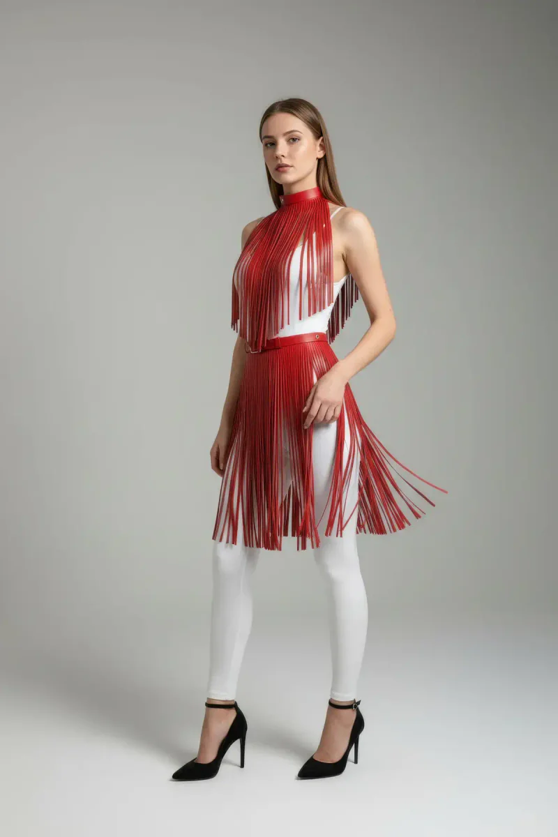 Red Faux Leather Fringe Overlay Skirt Back View Adjustable Straps