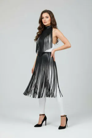 Black faux leather fringe mock neck harness overlay draped on model