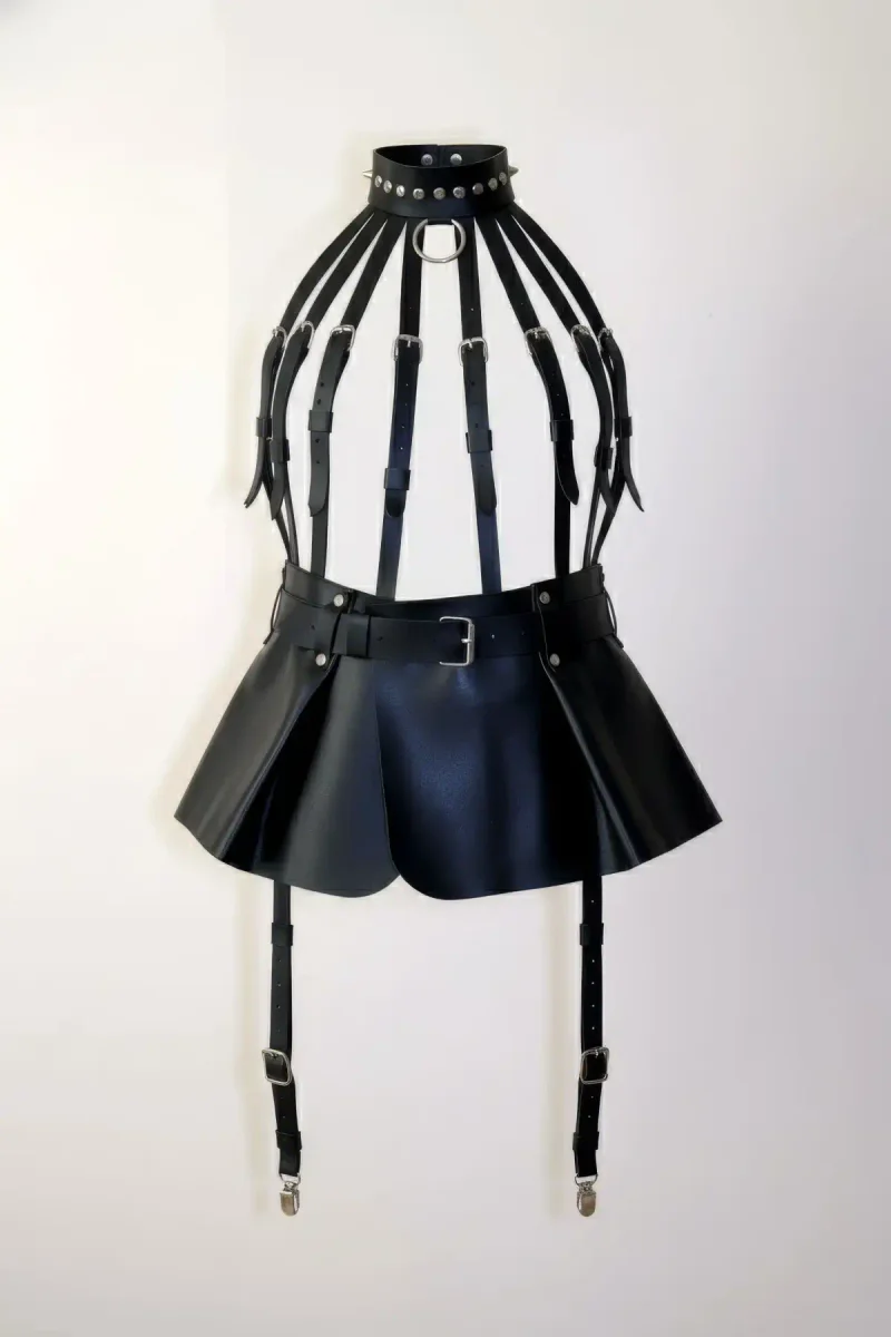 Black Faux Leather Full Body Harness Women Cage Back Design with Detachable O-Ring Chain