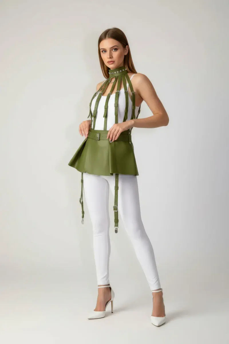 Peplum Harness Back View Adjustable Side Ties Silver Hardware Green Lingerie Set with High Neck and Leg Straps