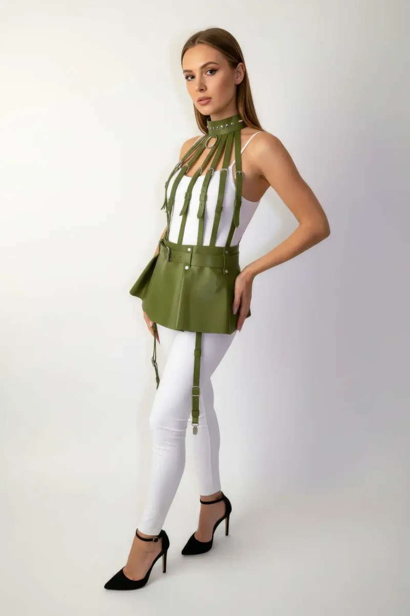 Green Vegan Leather Choker Close-Up High Neck Strap Connection Lingerie Set with Peplum Detail and Adjustable Leg Straps