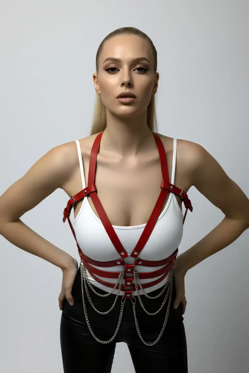 Red faux leather body harness with silver