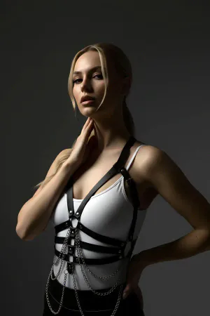 Black Caged Faux Leather Chest Harness with Draped Silver Chains