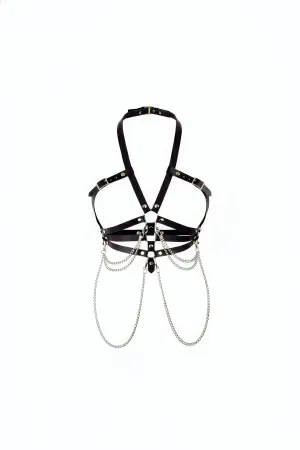 Black Faux Leather Halter Chest Harness with Cascading Silver Chains
