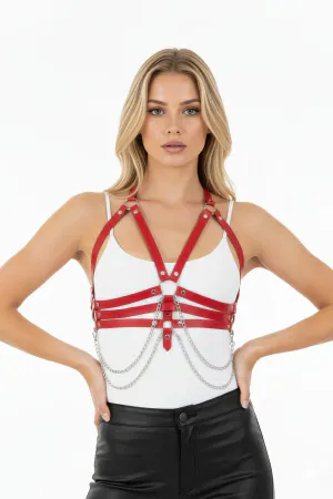 Red Faux Leather Chest Harness with O-Rings and Draping Silver Chains on Model