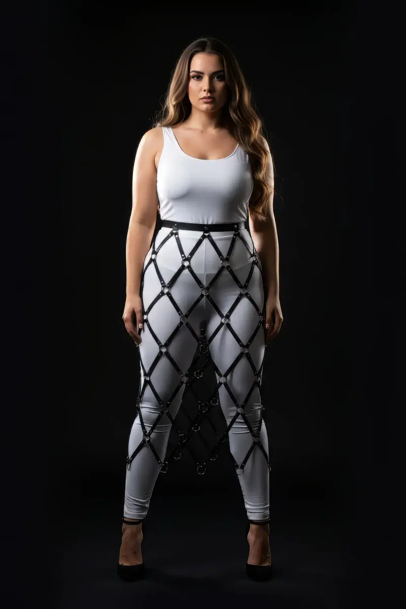 Black diamond lattice skirt harness O-ring festival wear front view