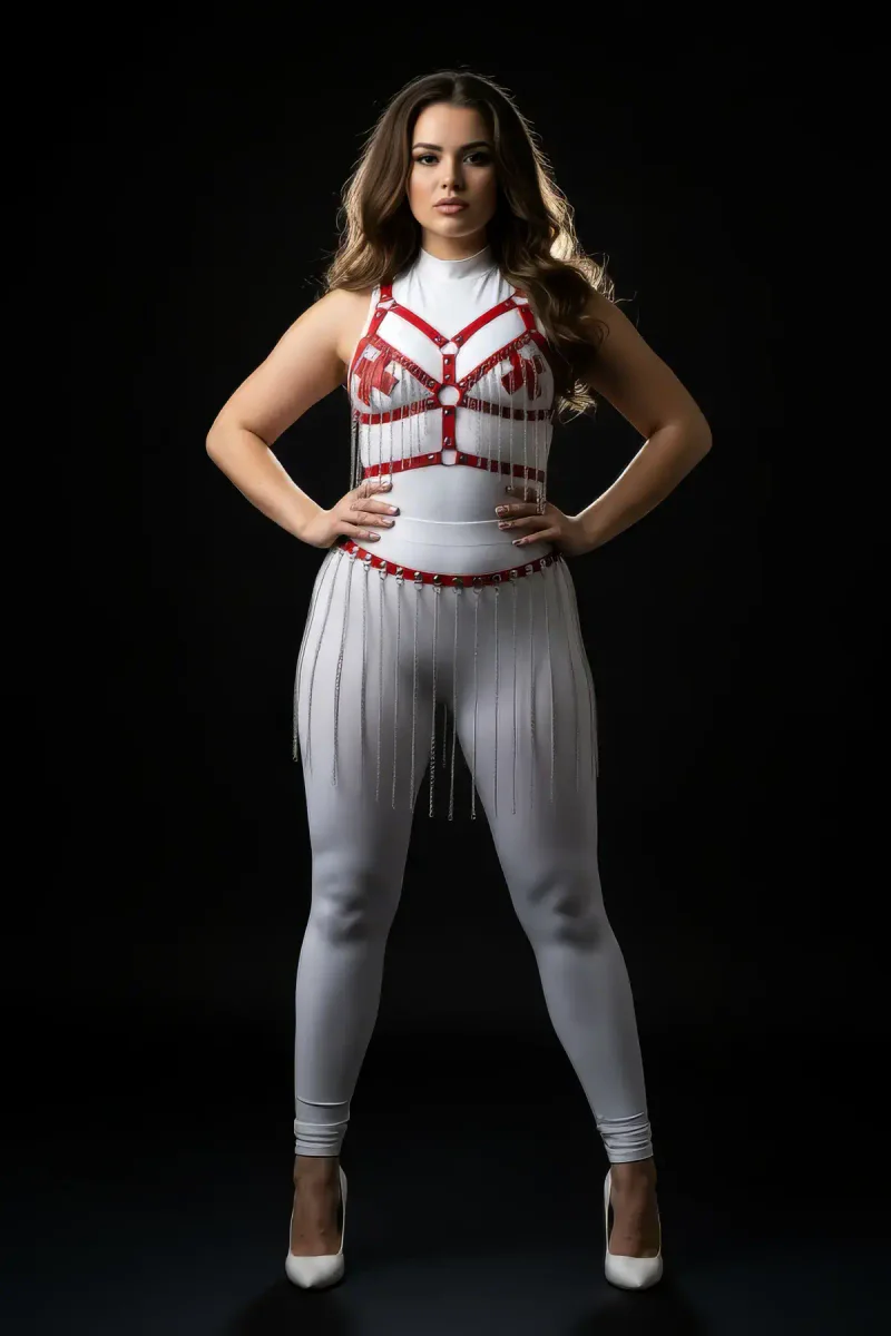 Red faux leather harness white bodysuit with fringe detail