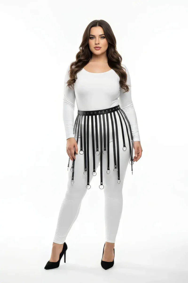 Faux Leather Ring Skirt Harness Black Detail View