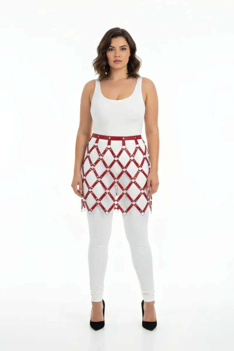 Burgundy faux leather geometric harness skirt with silver O-rings