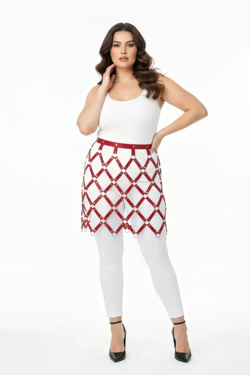 Burgundy faux leather harness skirt with O-ring detail back view adjustable buckle