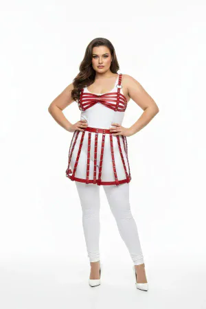 Red faux leather cage skirt and bra harness set on model