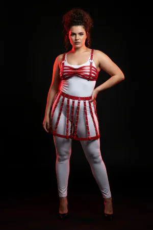 Red faux leather cage skirt and bra harness set on model