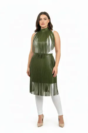 Büyük Beden Haki Deri Püskül Detaylı Uzun Etek - APFT997