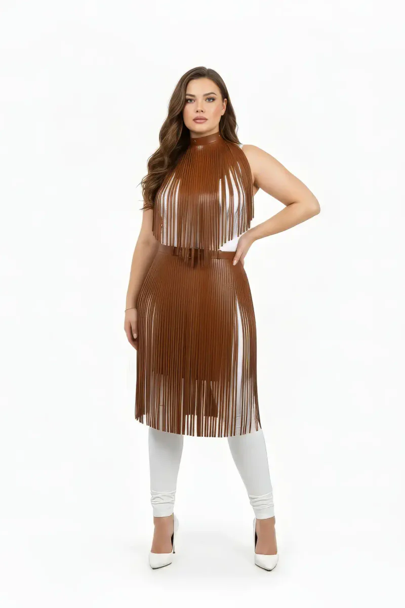Brown Faux Leather Fringed Layering Body Harness Top and Skirt