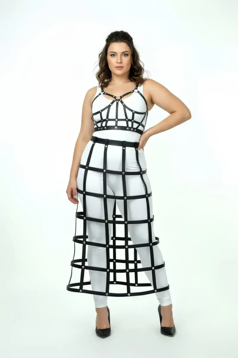 Black full length cage skirt harness front view with shoulder straps