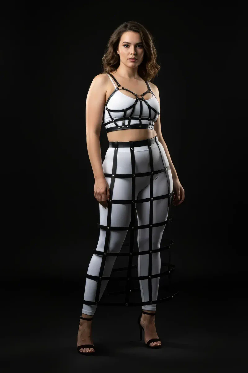 Black faux leather grid skirt harness back view showing buckle closure