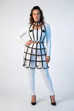 Black lattice grid full body harness with integrated choker worn by a model
