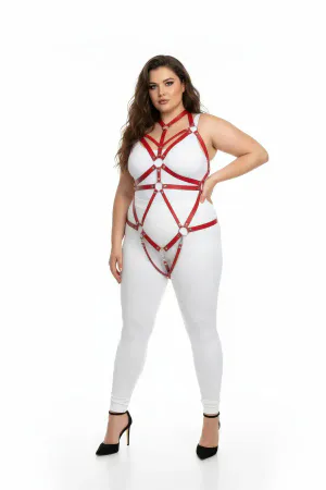 Red faux leather body harness with O-ring accents and adjustable straps