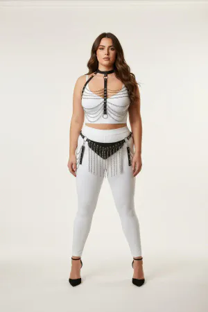 Black Faux Leather Chain Harness Set Women Fringe Belt