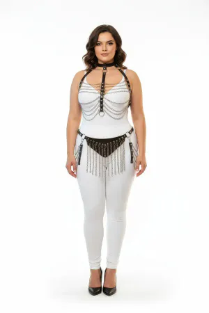 Black Faux Leather Chain Harness Set Women Fringe Belt