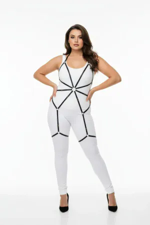 Black adjustable full body harness with O-ring detail worn by a plus size model.