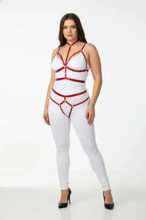 Red Full Body Cage Harness Vegan Leather Thigh Straps Plus Size