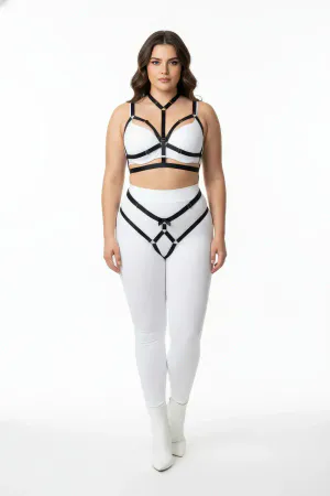 Black Vegan Leather Body Harness Garter Set O-Rings Plus Size Model