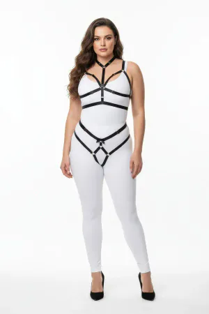 Black Vegan Leather Body Harness Garter Set O-Rings Plus Size Model