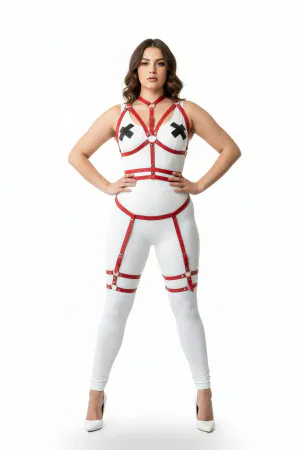 Red Vegan Leather Strappy Body Harness Set with Garter Thigh Straps