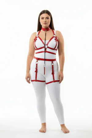 Red Vegan Leather Full Body Harness with Chain and Thigh Garters