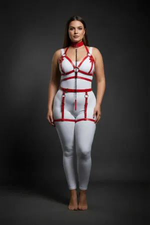 Red Vegan Leather Full Body Harness with Chain and Thigh Garters