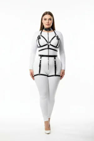 Black Faux Leather Full Body Harness with Choker and Leg Garters