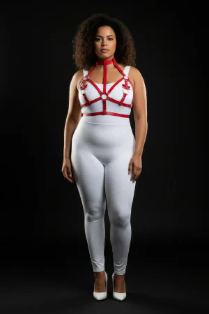 Red faux leather strappy body harness with O-ring details and adjustable straps