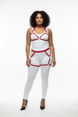 Red Faux Leather Full Body Harness Women Adjustable Straps O-Ring Detail