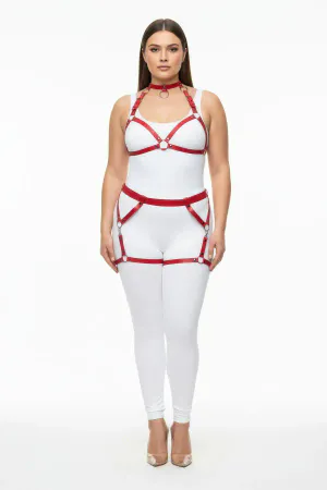 Red Faux Leather Full Body Harness Women Adjustable Straps O-Ring Detail