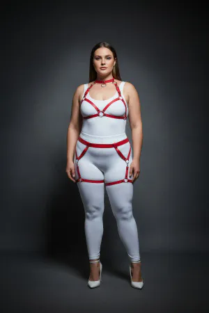 Red Faux Leather Full Body Harness Women Adjustable Straps O-Ring Detail