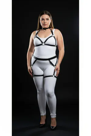 Black Faux Leather Caged Body Harness Set with Garter Thigh Straps