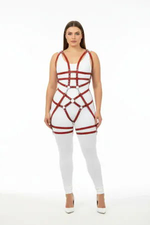 Claret Red Full Body Harness Faux Leather O-Rings Thigh Straps