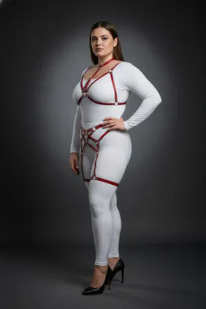 Red Faux Leather Strappy Body Harness Set with Garters and O-Rings